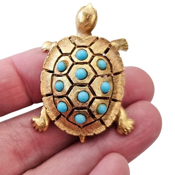 Turtle Brooch, Gold Tone Teal Blue Glass Pin, Numbered On Back